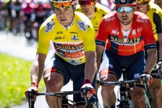 Le Slovène Jan Tratnik alors maillot jaune du Tour de Romandie en 2019. KEYSTONE/JEAN-CHRISTOPHE BOTT